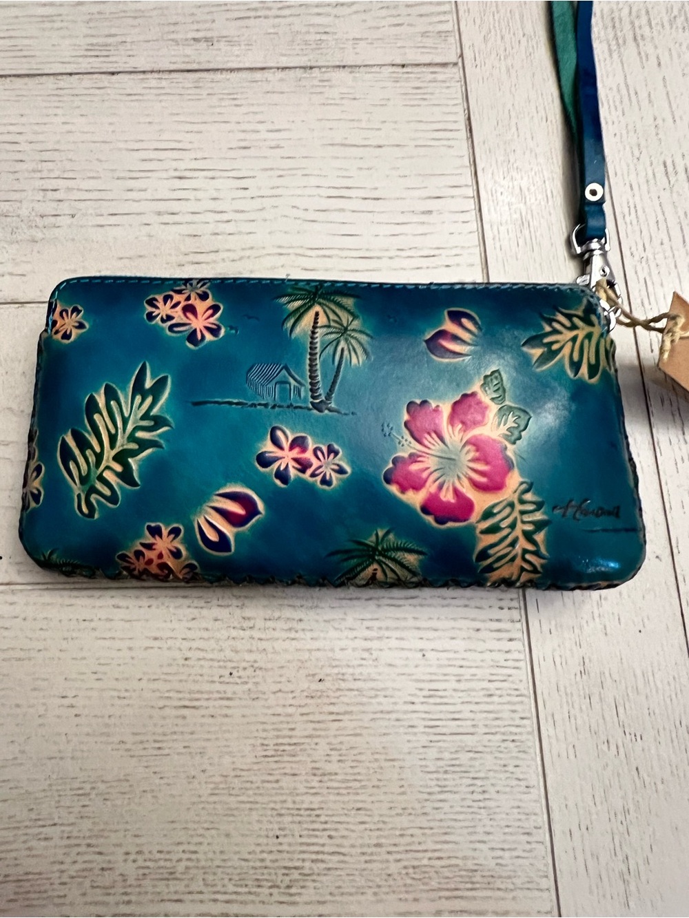 Hand-Painted Leather Teal Floral Wristlet Wallet - Anuschka Style *NWT*